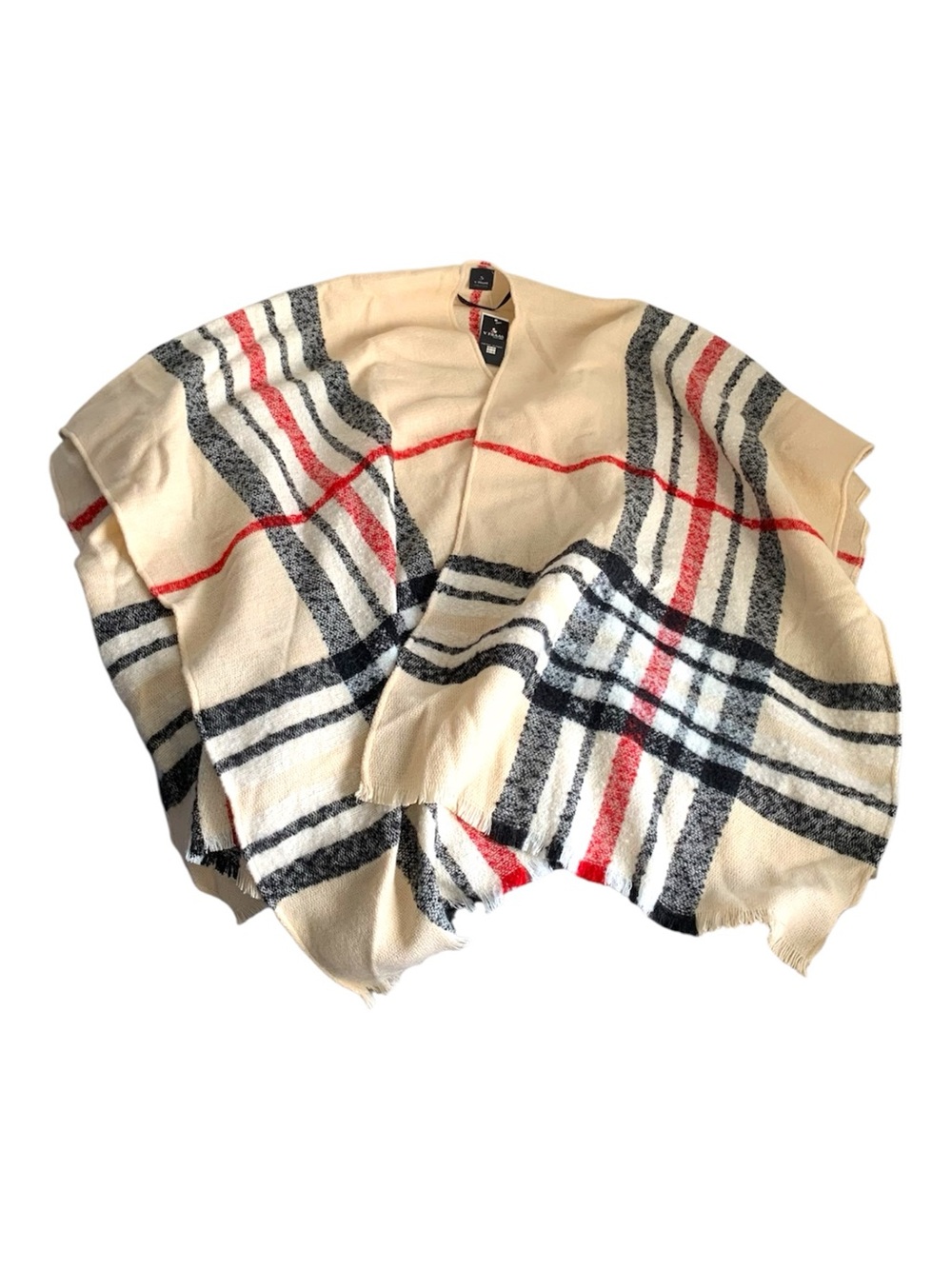 V. FRAAS Cream Plaid Shawl Ruana Wrap Cape with Black & Red Stripes